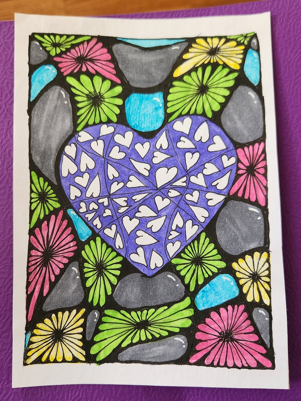 Hand-Drawn Purple Heart Floral Art Print W/out Frame  By Kylee